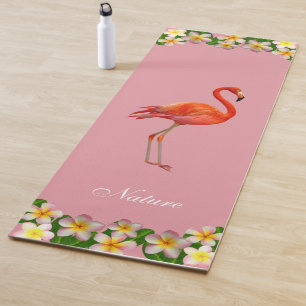 Flamingo & Plumeria Flowers on Rose Gold Pink Yoga Mat
