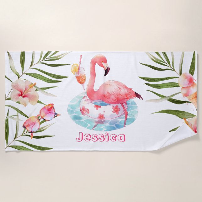 Flamingo pool birthday party personalised beach towel (Front)