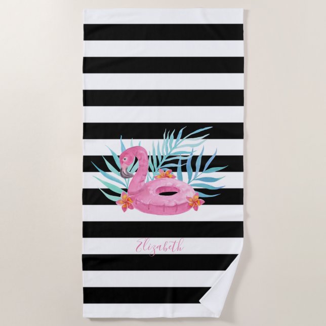 Flamingo Pool Float Black White Stripes  Beach Towel (Front)