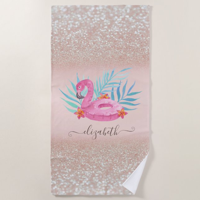 Flamingo Pool Float Glitter Bokeh   Beach Towel (Front)