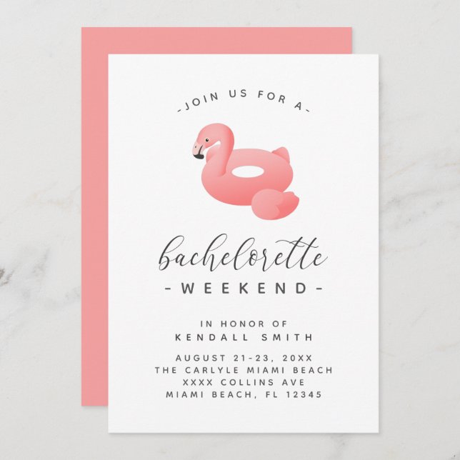 Flamingo Pool Float Minimal Bachelorette Weekend  Invitation (Front/Back)