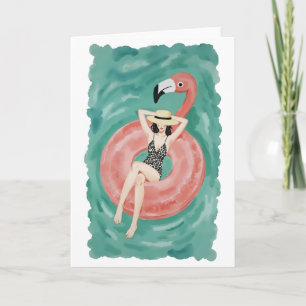 Flamingo Pool Floatie Watercolor Card
