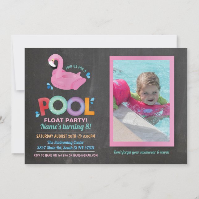 Flamingo Pool Party Birthday Beach Float Photo Invitation (Front)