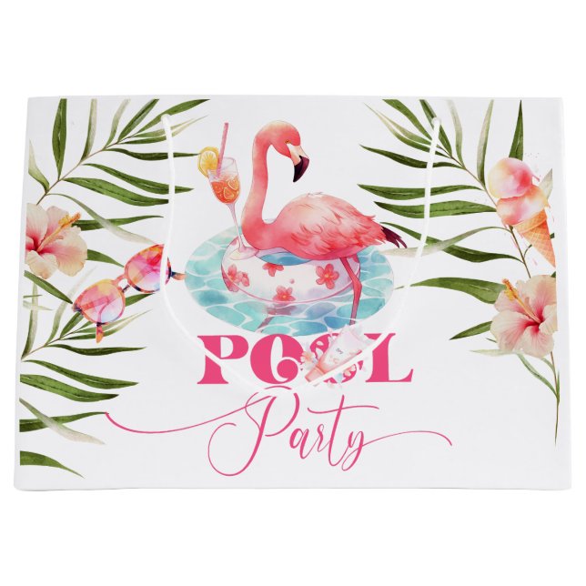 Flamingo pool party Birthday Large Gift Bag (Front)