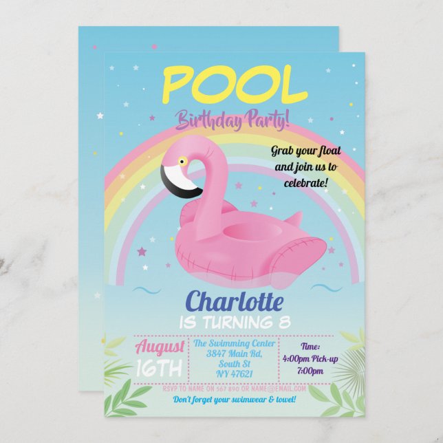 Flamingo Pool Party Birthday Rainbow Beach Float Invitation (Front/Back)