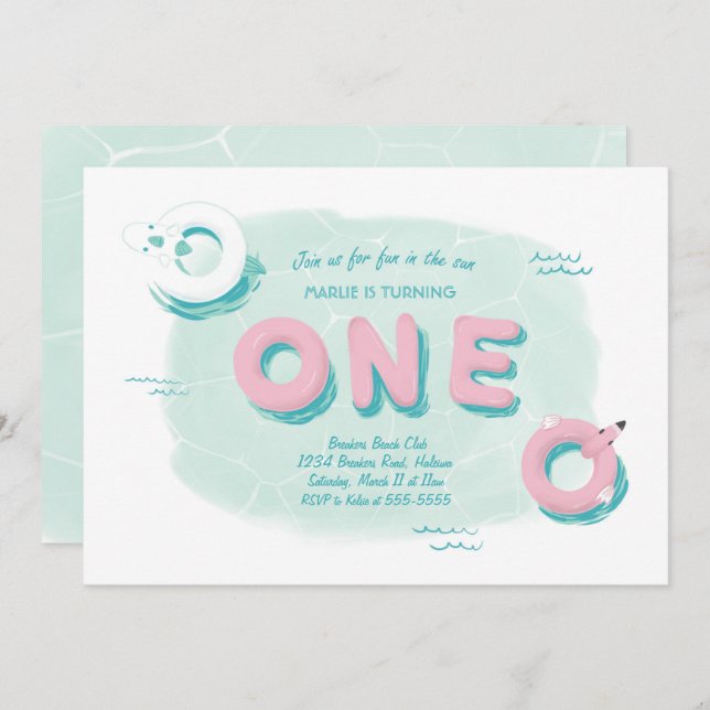 Flamingo Pool Party First Birthday Invitation (Front/Back)