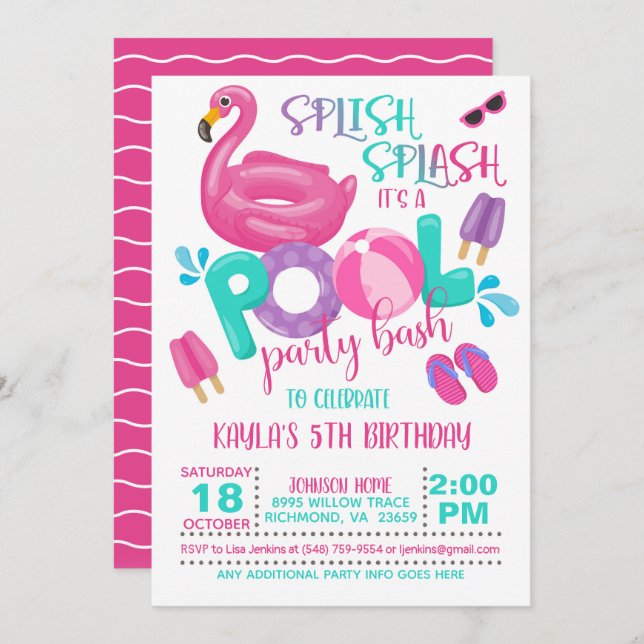 Flamingo Pool Party Invitation (Front/Back)