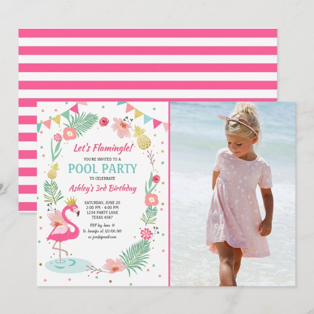 Flamingo Pool party invitation Tropical Birthday (Front/Back)