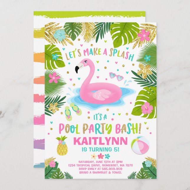 Flamingo Pool Party Invitation Tropical Flamingo (Front/Back)