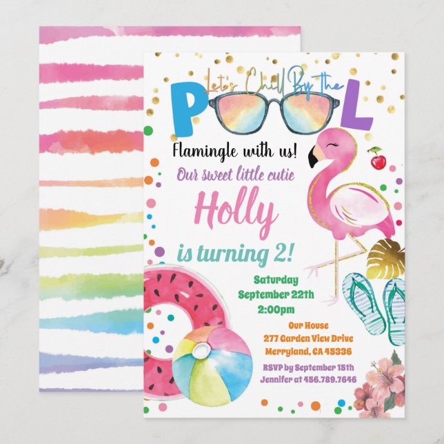 Flamingo Pool Party Kids Girl Birthday Party Invitation (Front/Back)