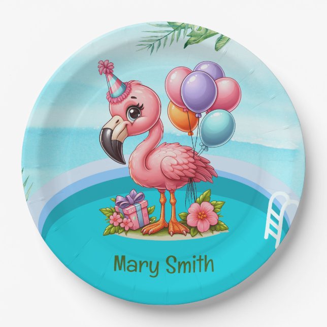 Flamingo Pool Party! Paper Plate (Front)