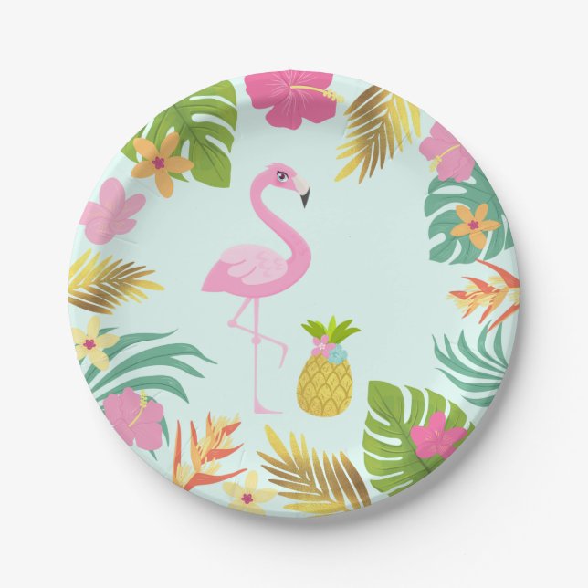 Flamingo Pool Party Paper Tropical Pool Party Paper Plate (Front)