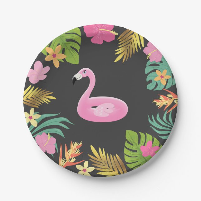Flamingo Pool Party Paper Tropical Pool Party Paper Plate (Front)