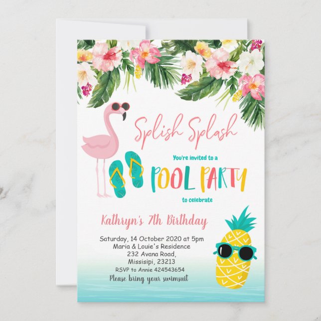 Flamingo Pool Party Summer Birthday Party Invitation (Front)