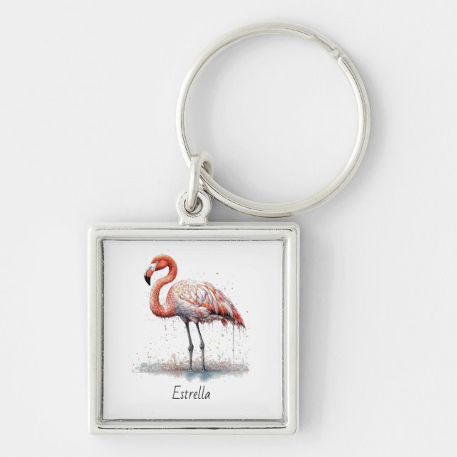 Flamingo Radiance: Watercolor Flamingo, custom Key Ring (Front)