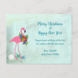 Flamingo Rejoice Grunge Christmas Postcard<br><div class="desc">Tropical Christmas flamingo postcard with Christian greeting in blue on a grunge image background. Flamingo, starfish and sand dollar design with three templates for your choice of greeting, message and signature. The sample wording is, "May you rejoice in the joy of the Lord’s love and grace this Christmas season". Reverse...</div>