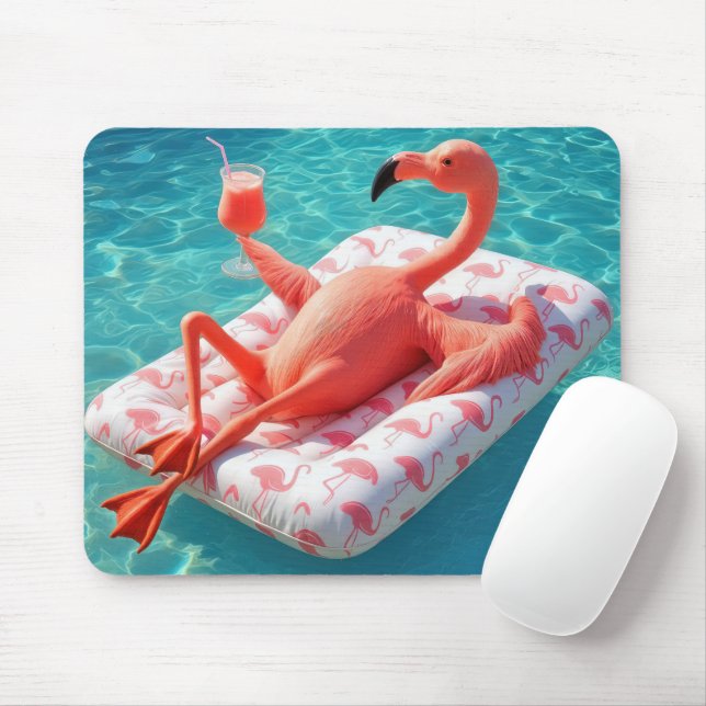 Flamingo Relaxing On a Pool Mattress Mouse Mat (With Mouse)