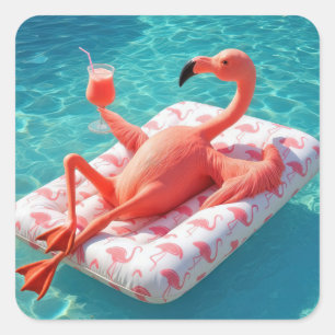Flamingo Relaxing On a Pool Mattress Square Sticker