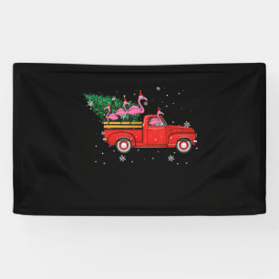 Flamingo Riding Red Truck Xmas Santa Hat Christmas Banner