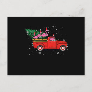 Flamingo Riding Red Truck Xmas Santa Hat Christmas Holiday Postcard