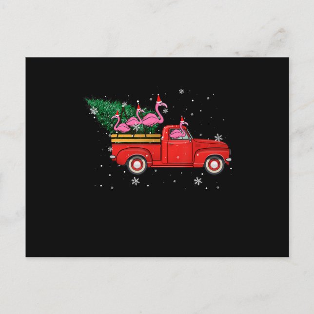 Flamingo Riding Red Truck Xmas Santa Hat Christmas Invitation Postcard (Front)