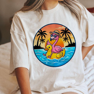 Flamingo Riding Rubber Duck Tropical Sunset Fun Tri-Blend Shirt