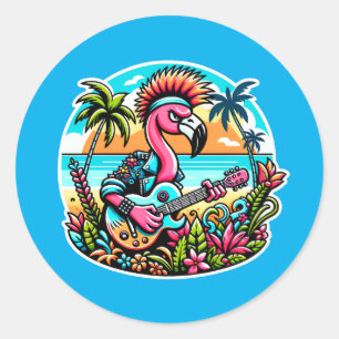 Flamingo Rockstar in Paradise Punk Tropical Vibes Classic Round Sticker