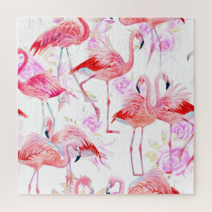 Flamingo Rose: Watercolor Bird Floral Jigsaw Puzzle
