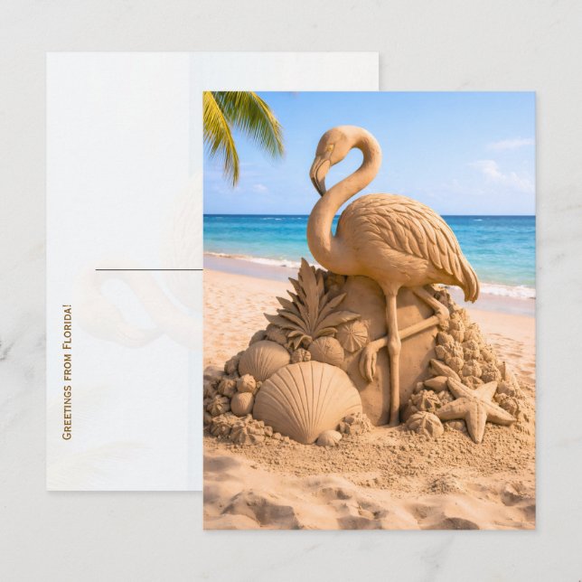Flamingo Sand Sculpture on Tropical Beach Postcard (Front/Back)