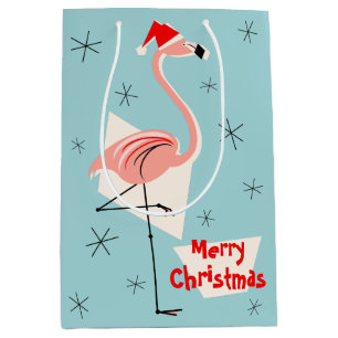 Flamingo Santa Blue Merry Christmas medium Medium Gift Bag