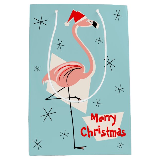 Flamingo Santa Blue Merry Christmas medium Medium Gift Bag (Front)
