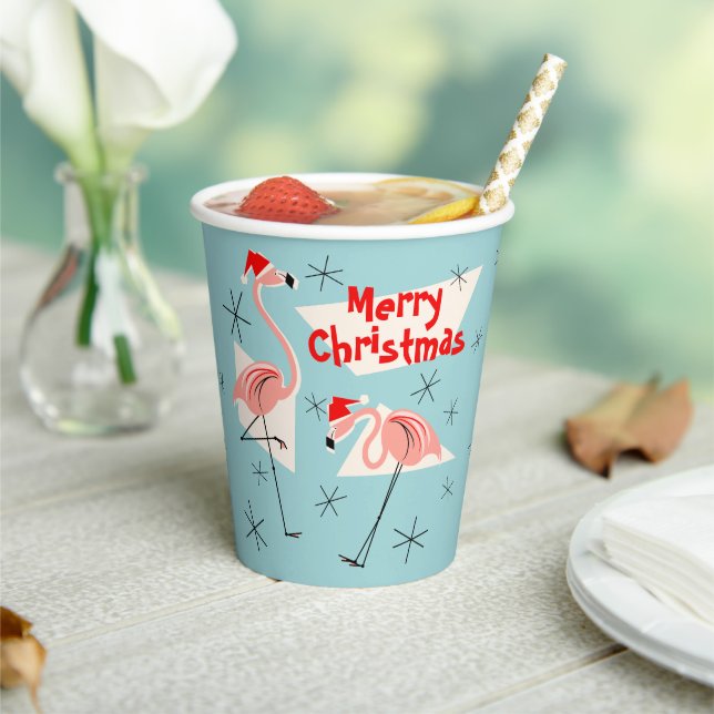 Flamingo Santa Blue Merry Christmas Paper Cups (Insitu)
