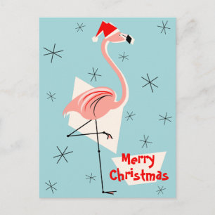 Flamingo Santa Blue Merry Christmas portrait Holiday Postcard