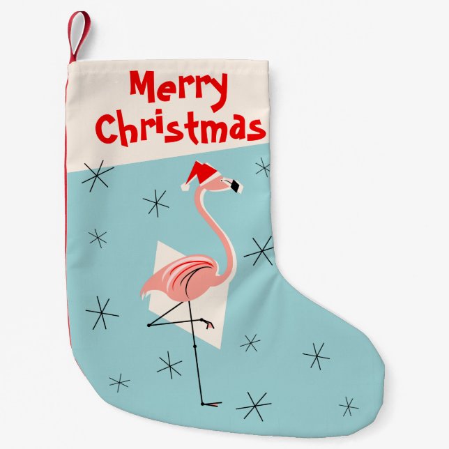 Flamingo Santa Blue Merry Christmas  Small Christmas Stocking (Front)
