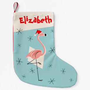 Flamingo Santa Blue Name stocking one-sided
