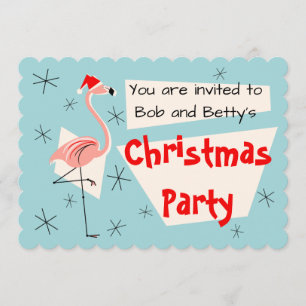 Flamingo Santa Blue scalloped horizontal Invitation
