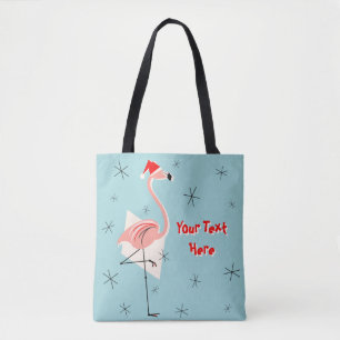 Flamingo Santa Blue Text all over tote bag