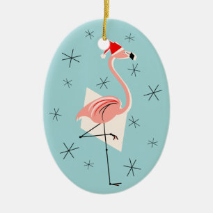 Flamingo Santa Blue Text ornament oval