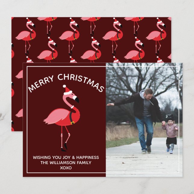 Flamingo Santa Burgundy Photo Christmas Holiday Card (Front/Back)