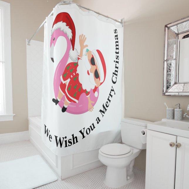 Flamingo Santa Claus Merry Christmas Wish Shower Curtain (In Situ)