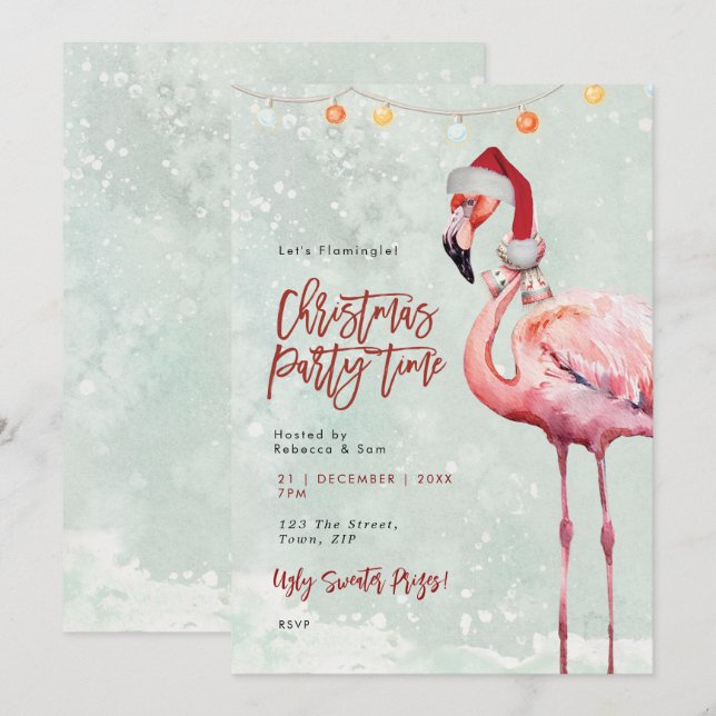 flamingo santa hat Christmas party invitation (Front/Back)