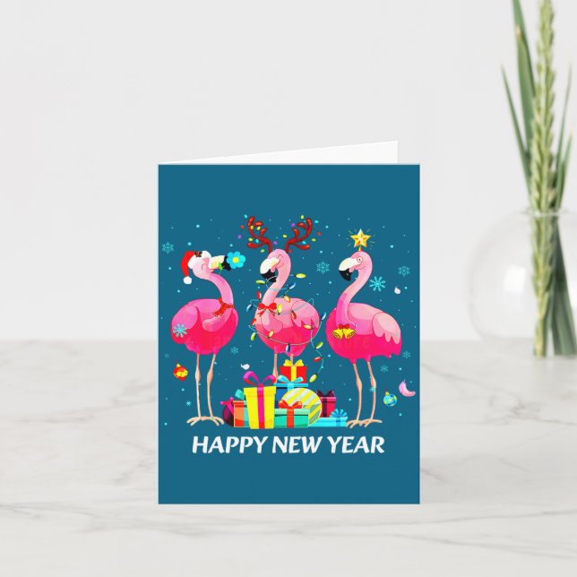 Flamingo Santa Hat Happy New Year Light Long Sleev Card (Front)