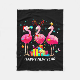 Flamingo Santa Hat Happy New Year Light Long Sleev Fleece Blanket