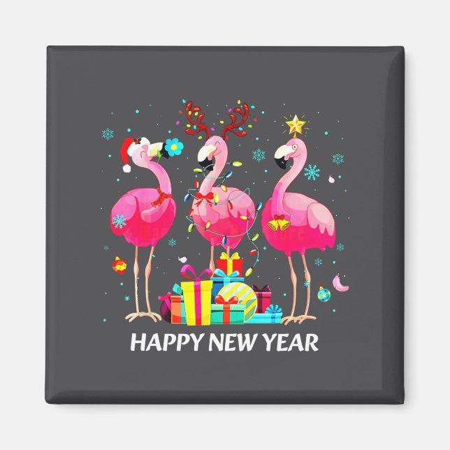 Flamingo Santa Hat Happy New Year Light Long Sleev Magnet (Front)