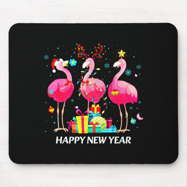 Flamingo Santa Hat Happy New Year Light Long Sleev Mouse Mat (Front)