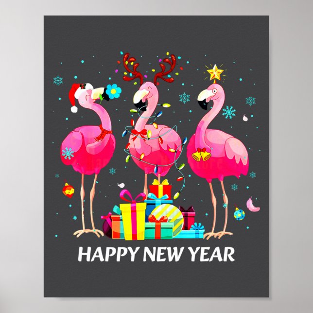 Flamingo Santa Hat Happy New Year Light Long Sleev Poster (Front)