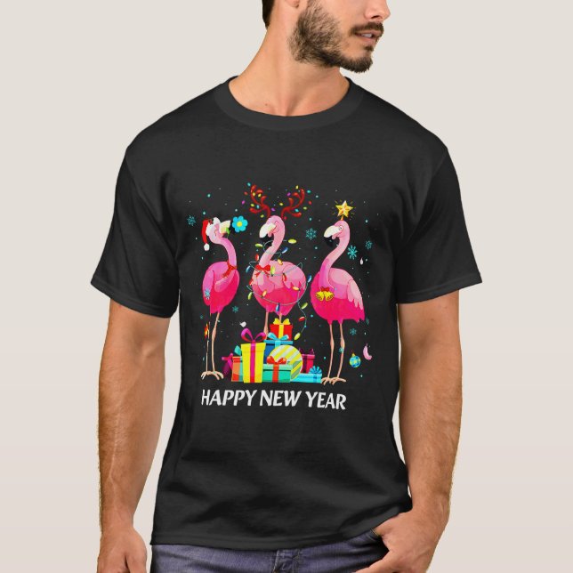 Flamingo Santa Hat Happy New Year Light Long Sleev T-Shirt (Front)