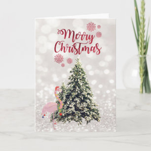 Flamingo Santa Hat,Pine Trees, Glittery Bokeh Holiday Card