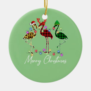 Flamingo Santa Hat Reindeer Buffalo Plaid Flamingo Ceramic Tree Decoration