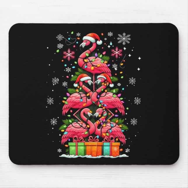 Flamingo Santa Hat Xmas Lights Christmas Tree Anim Mouse Mat (Front)